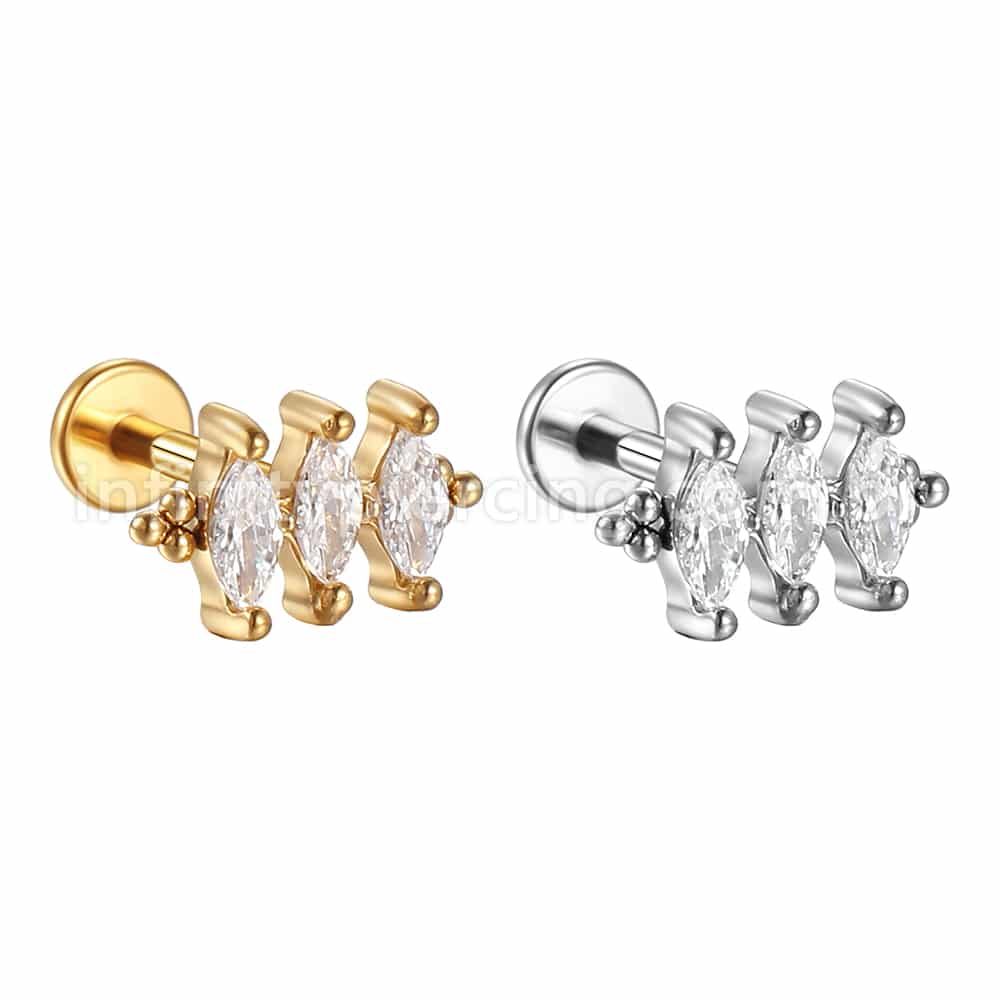 Piercing Labret Aço Cirúrgico 3 Zircônia Cravejada